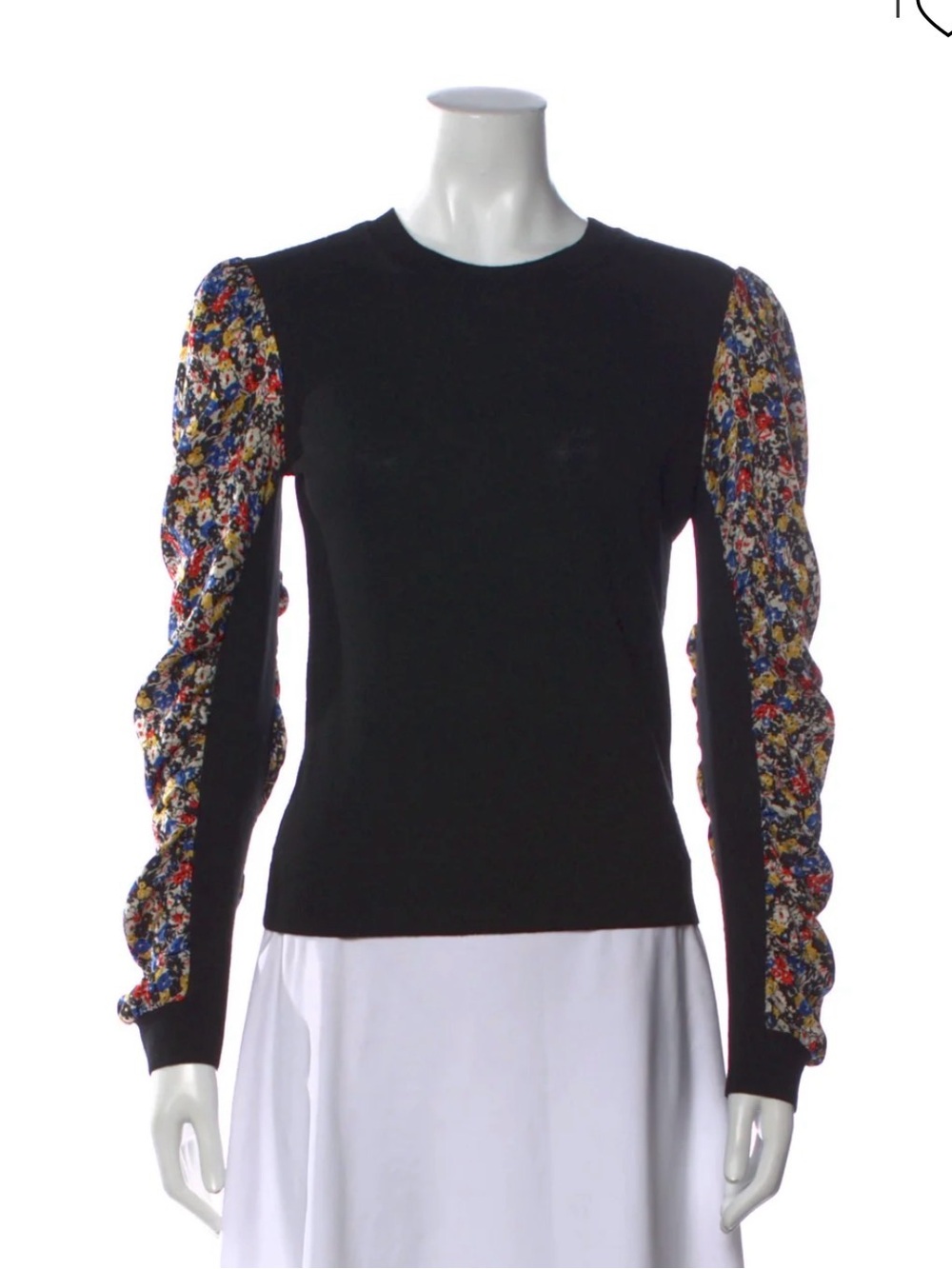 Veronica Beard Black Sweater with Multicolor Floral Puff Sleeves